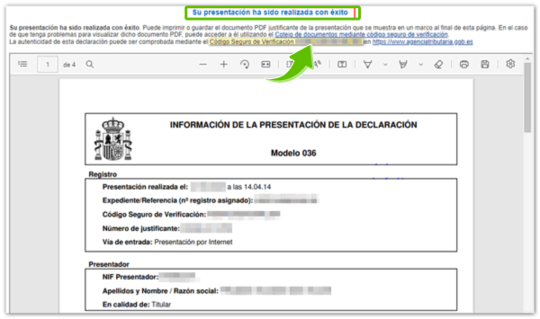 Confirmación oficial de presentación correcta del modelo 036 con el CSV señalado