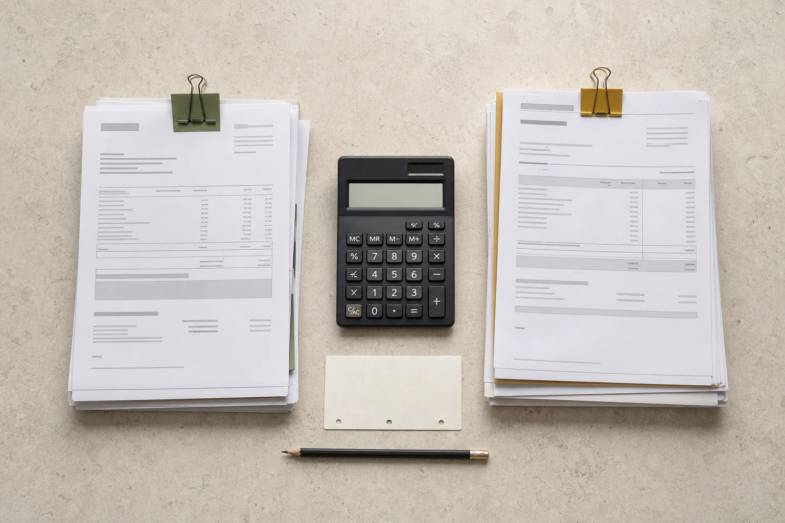 Cálculo trimestral de IVA con facturas y calculadora sobre una mesa